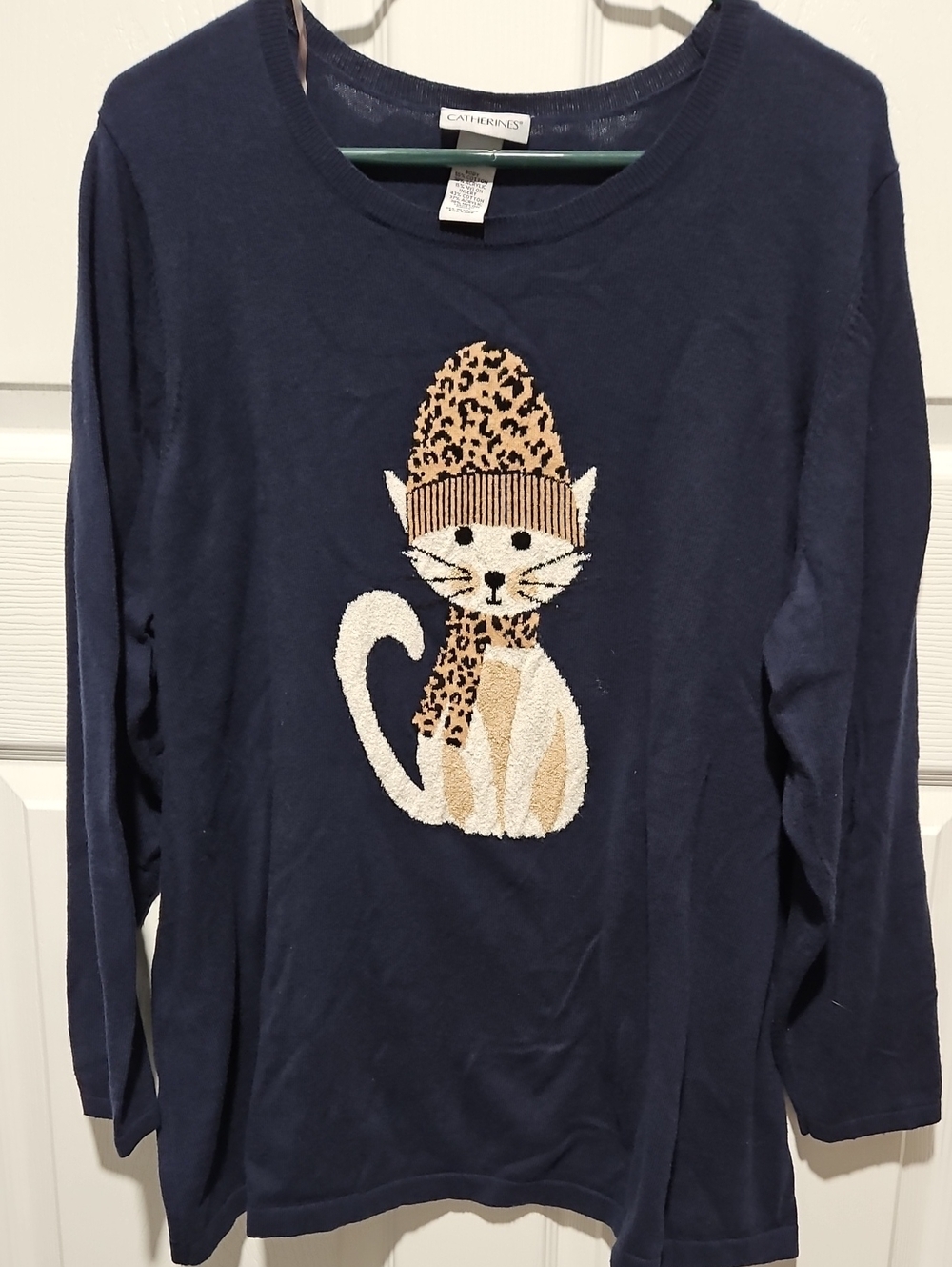 Catherines Navy Long-Sleeve Cat Graphic Sweater Top